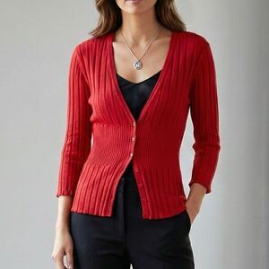 Joseph A Ribbed Fitted Red Cardigan Rayon Nylon Sweater M